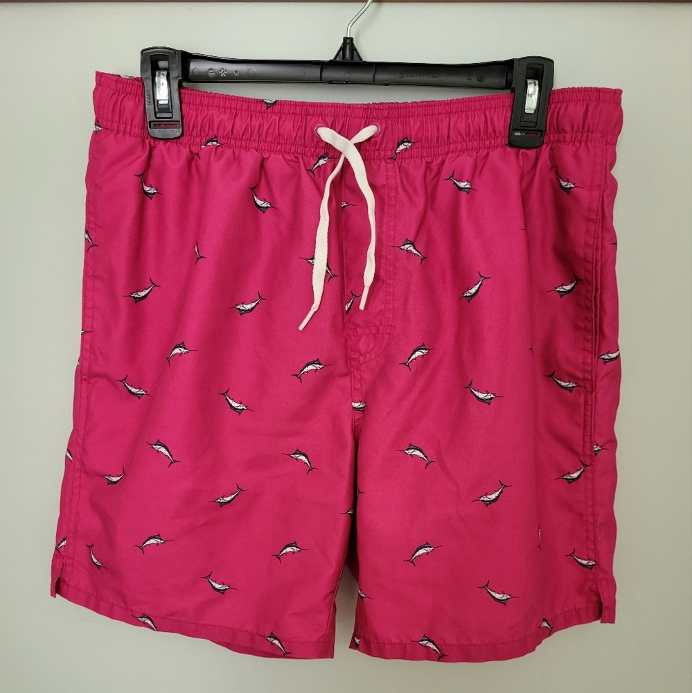 Old Navy Men Medium Printed Swim Trunks Short Fish Mesh Lining Pink 7" Inseam